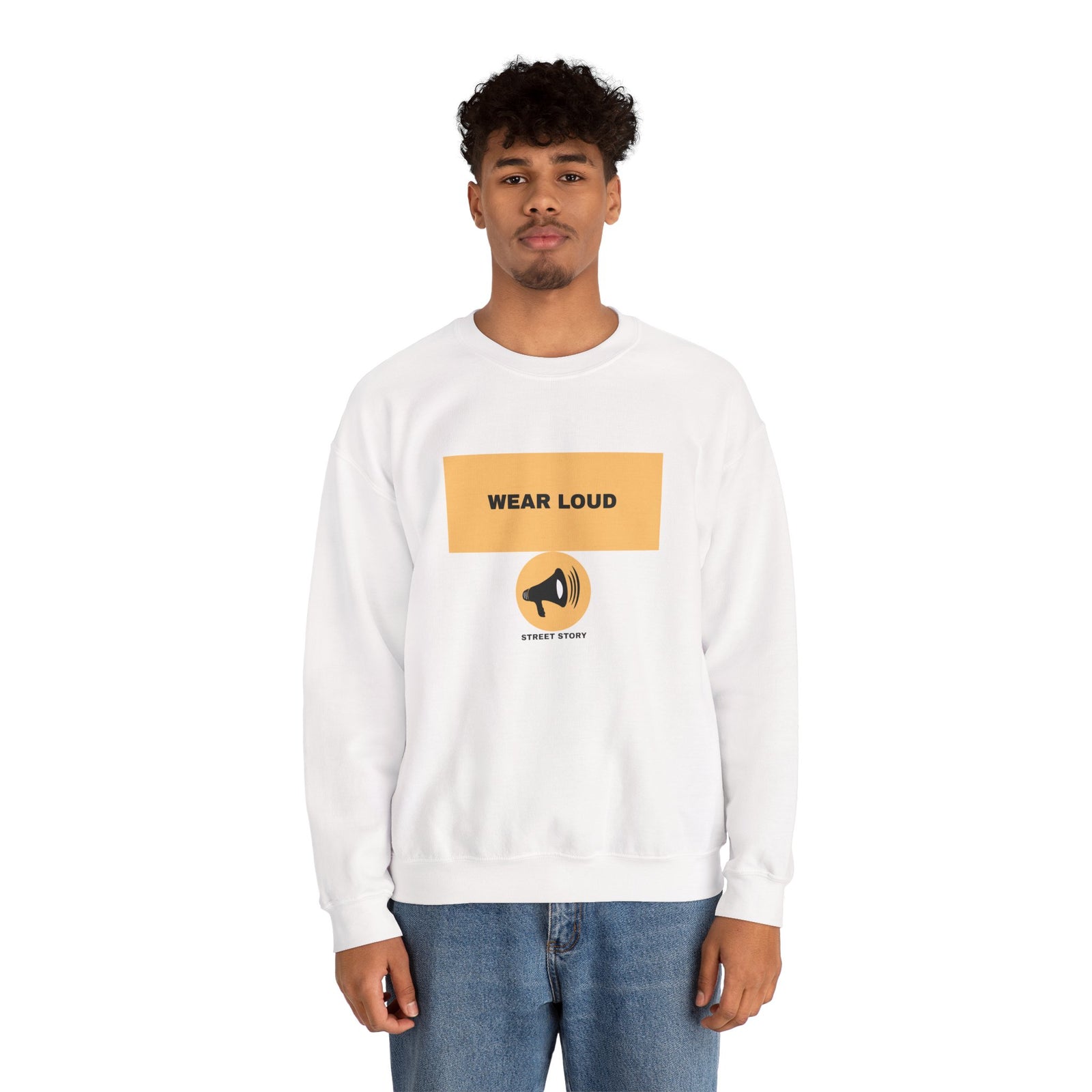 Wear Loud Crewneck Sweatshirt — Graphic Megaphone Statement Pullover — White