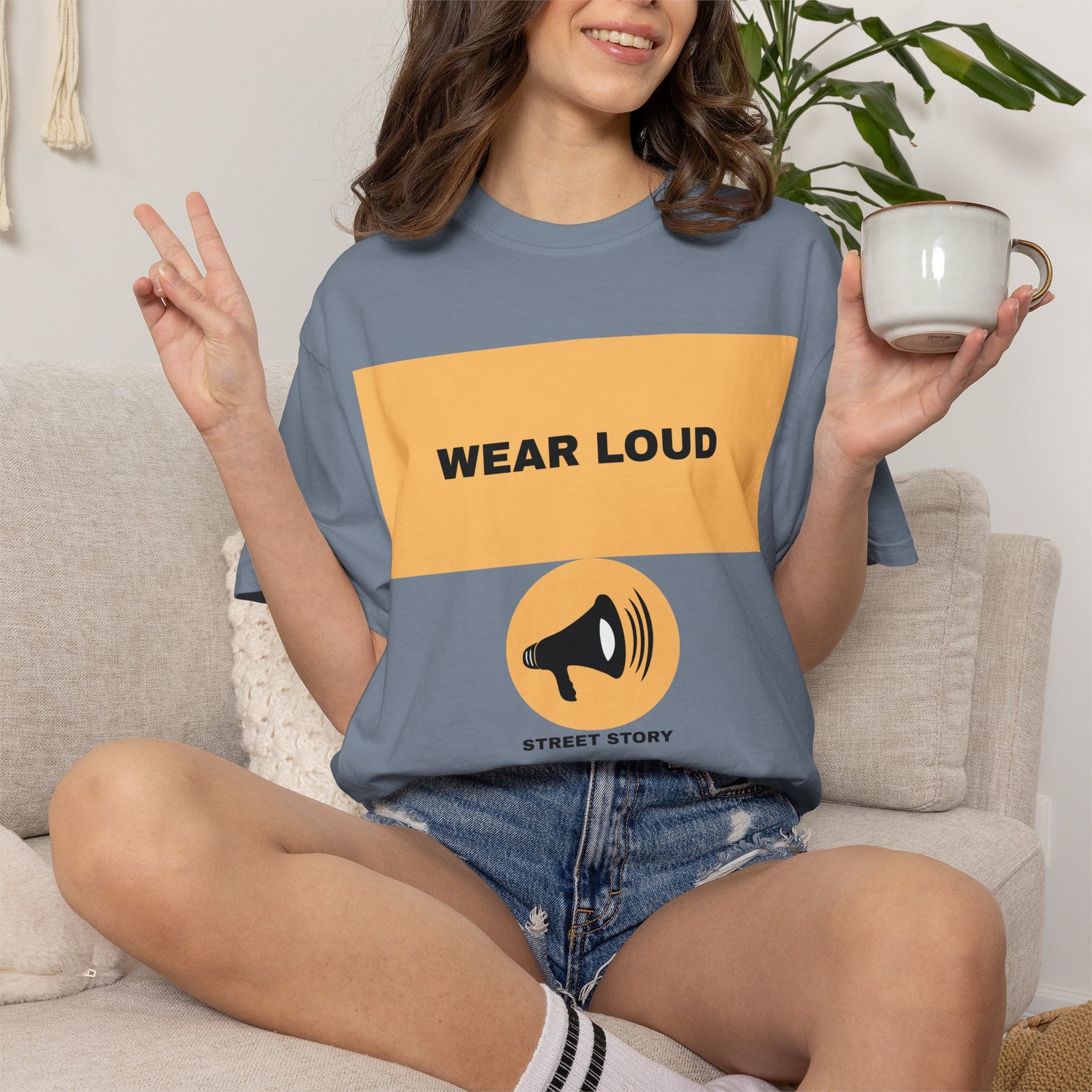 Wear Loud Graphic T-Shirt — Megaphone Street Story Tee — Blue jean