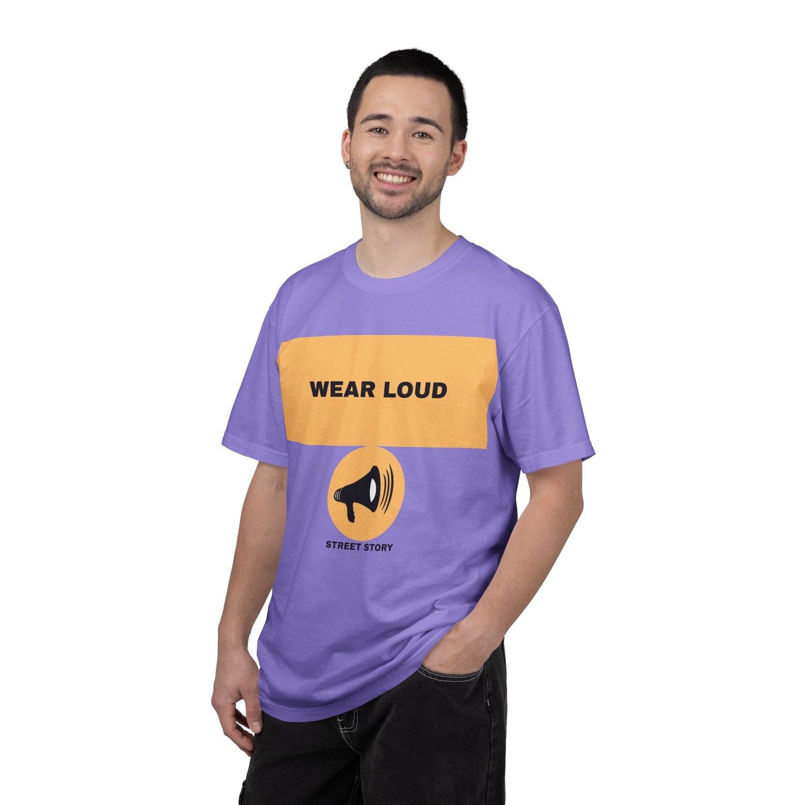 Wear Loud Graphic T-Shirt — Megaphone Street Story Tee — Violet