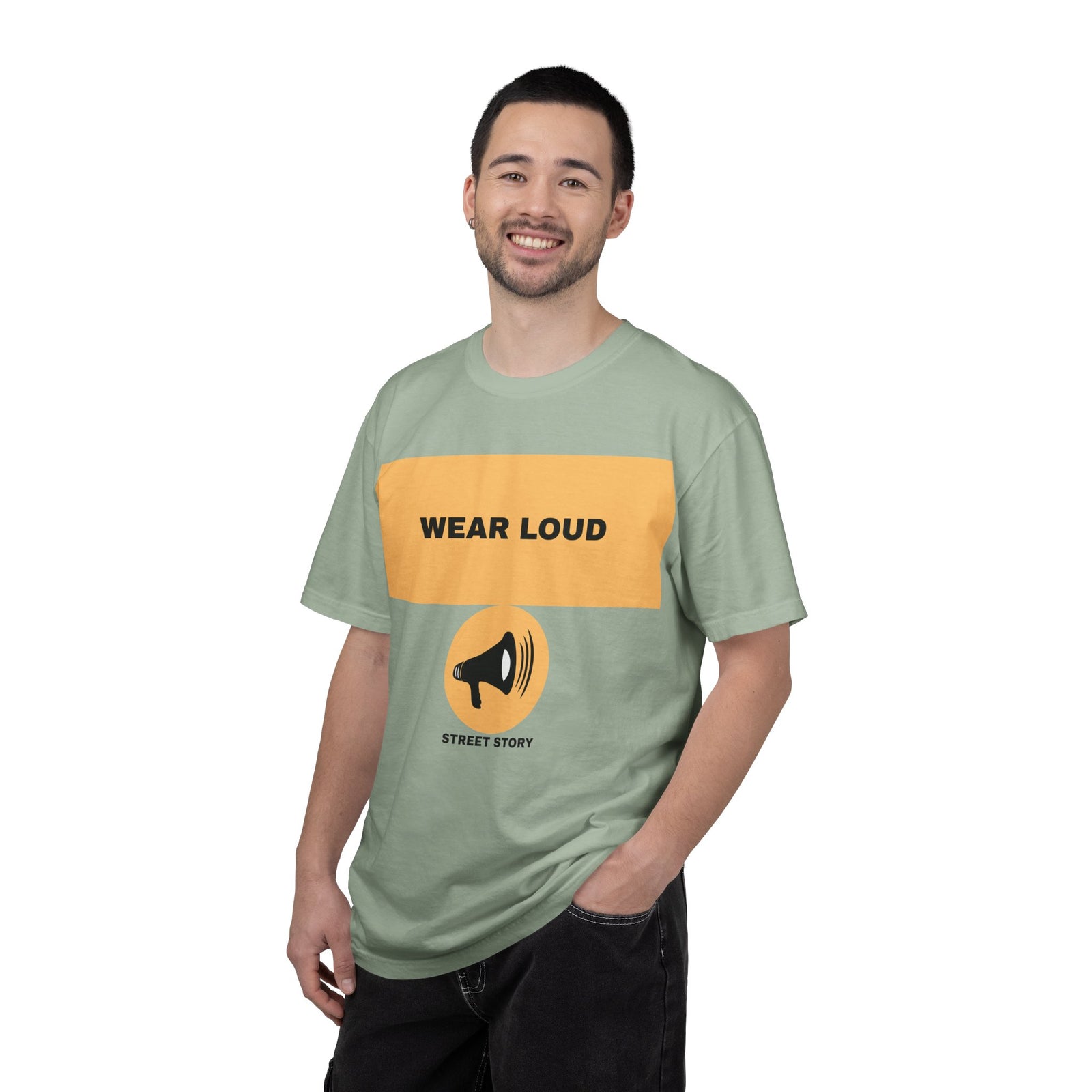 Wear Loud Graphic T-Shirt — Megaphone Street Story Tee — Bay