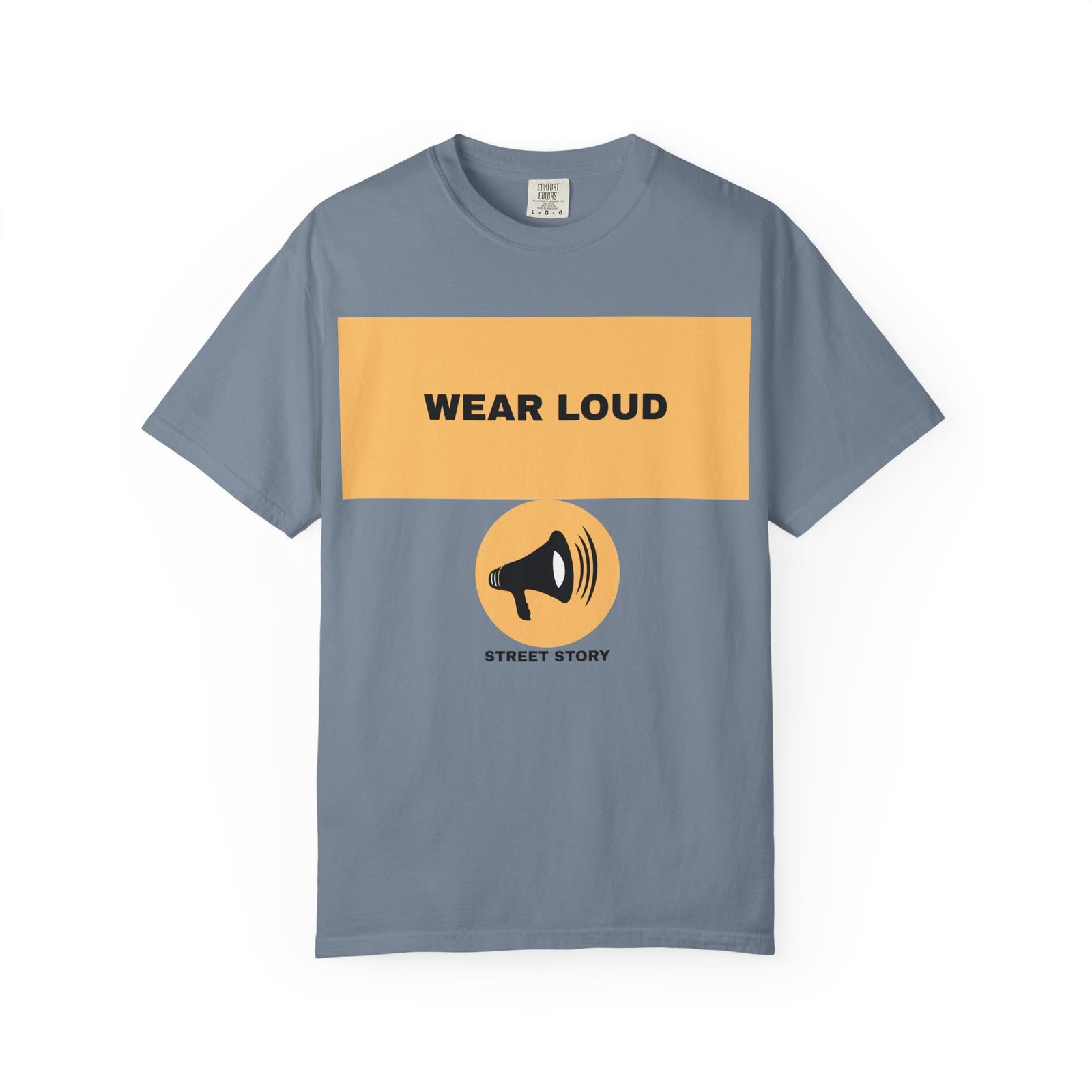 Wear Loud Graphic T-Shirt — Megaphone Street Story Tee — Blue jean