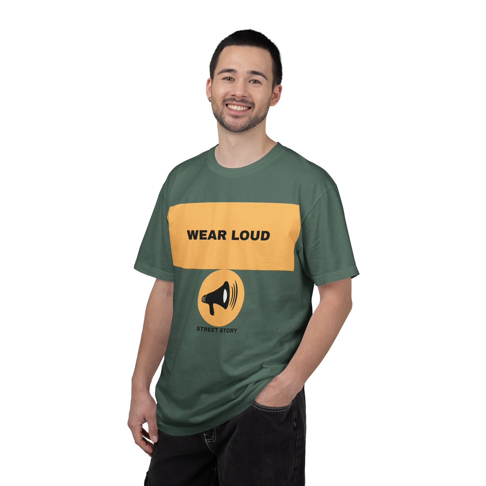 Wear Loud Graphic T-Shirt — Megaphone Street Story Tee — Blue spruce