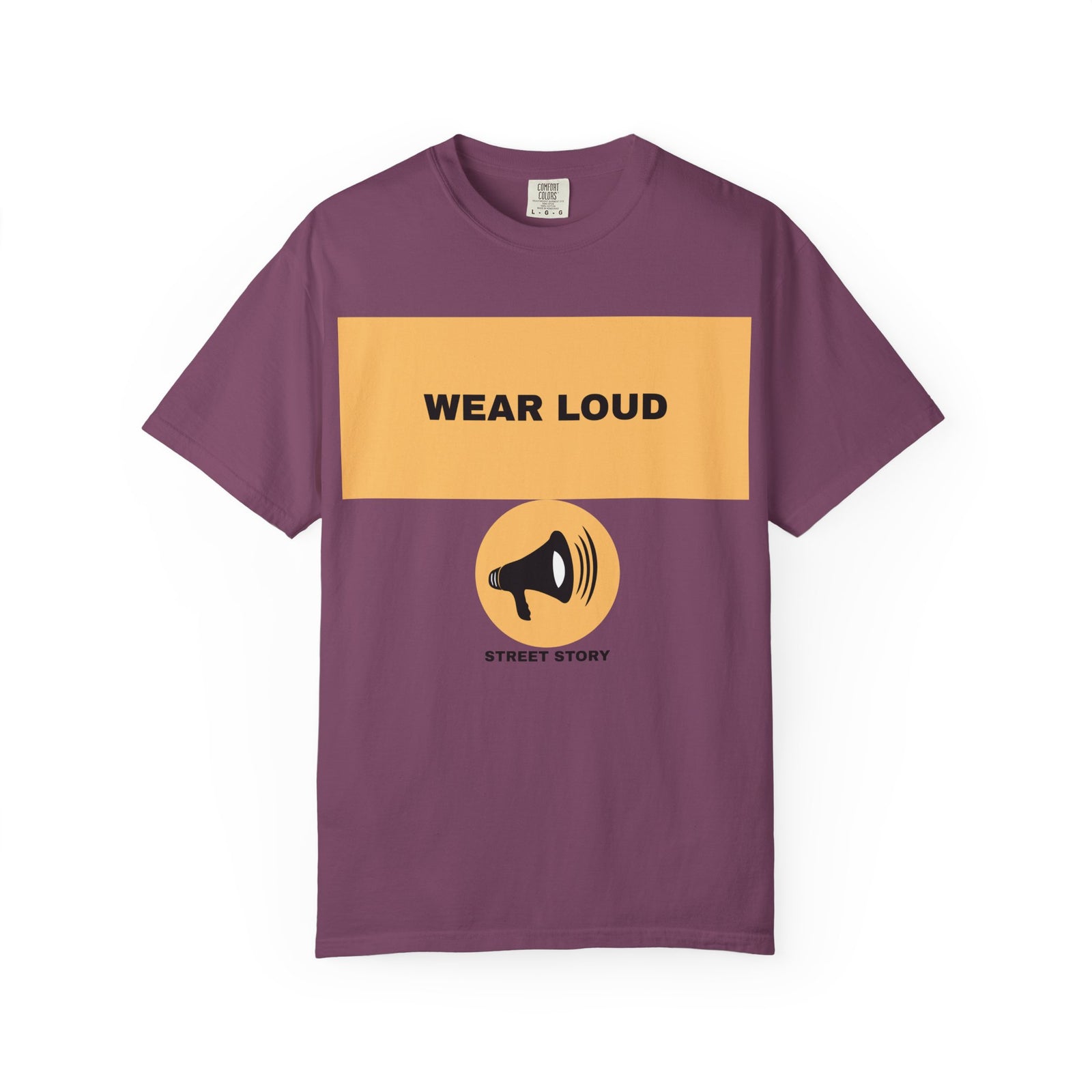 Wear Loud Graphic T-Shirt — Megaphone Street Story Tee — Berry
