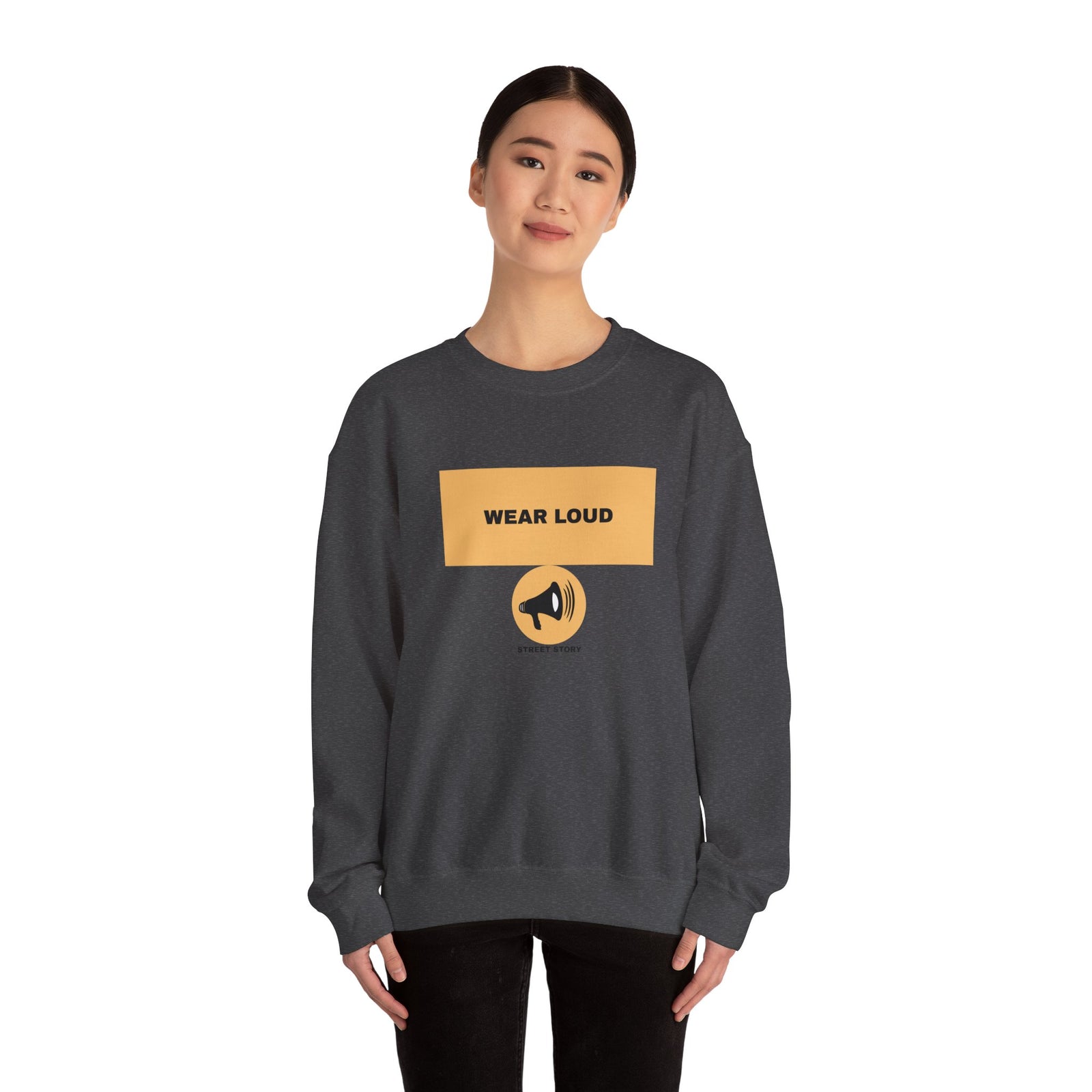 Wear Loud Crewneck Sweatshirt — Graphic Megaphone Statement Pullover — Dark heather