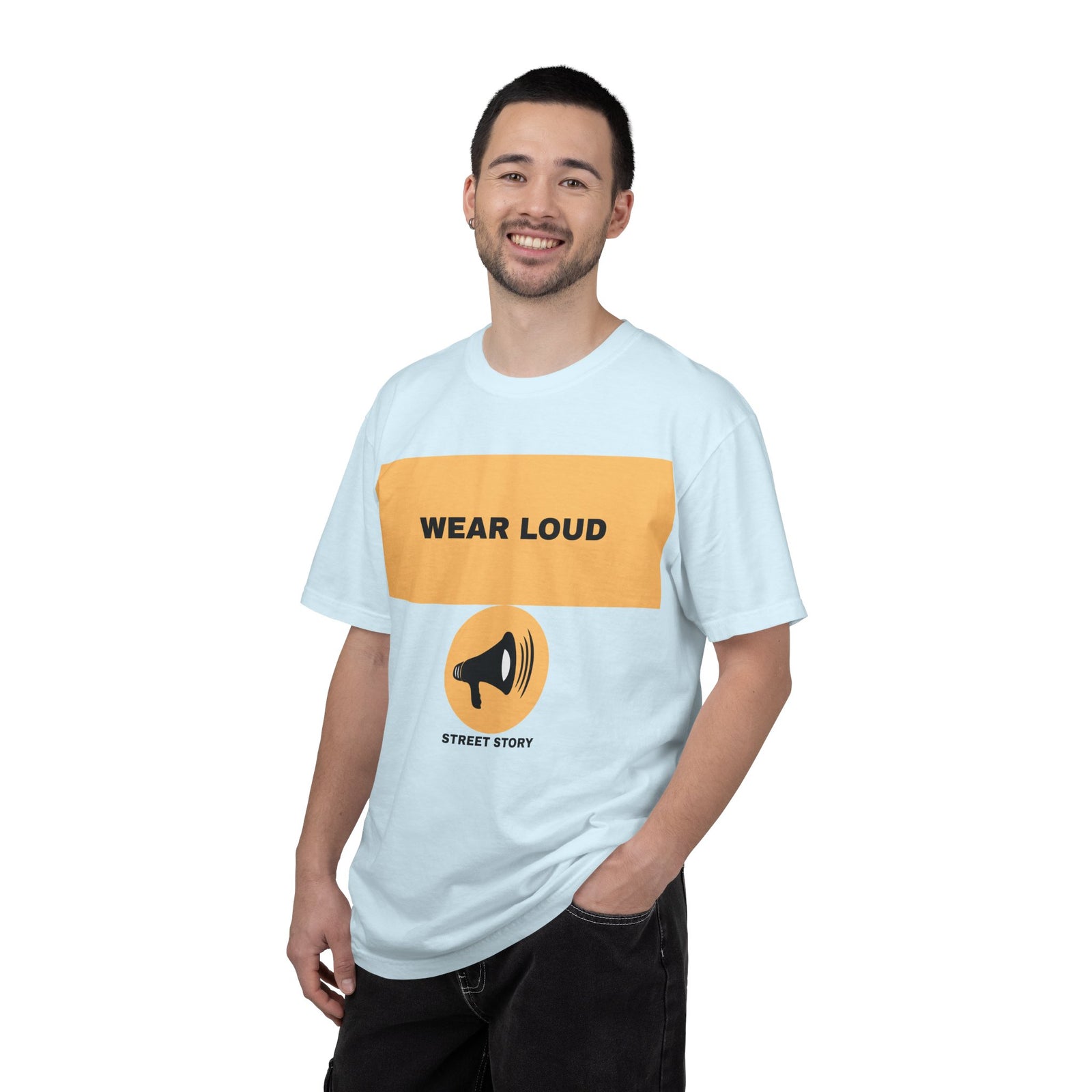 Wear Loud Graphic T-Shirt — Megaphone Street Story Tee — Chambray