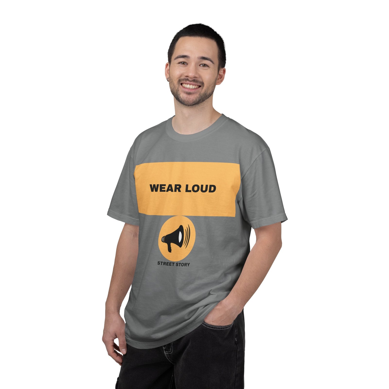 Wear Loud Graphic T-Shirt — Megaphone Street Story Tee — Grey