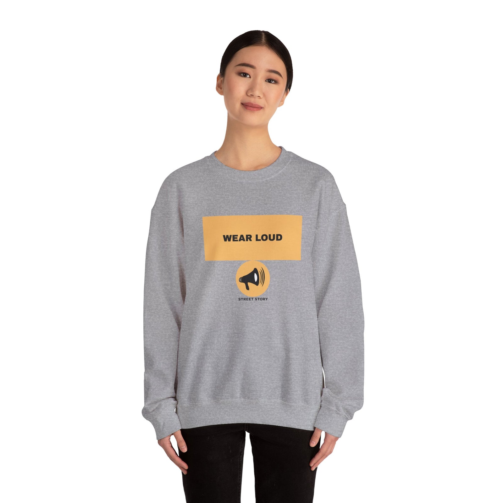 Wear Loud Crewneck Sweatshirt — Graphic Megaphone Statement Pullover — Sport grey