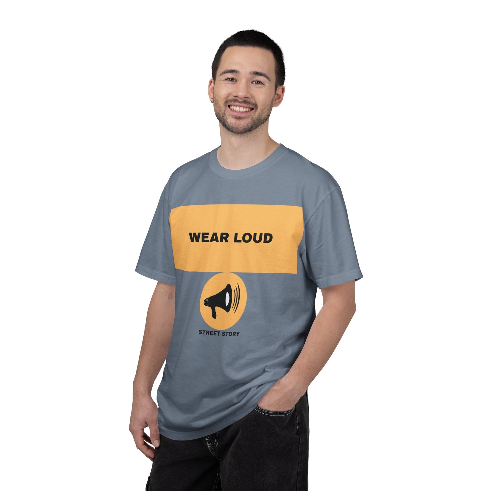 Wear Loud Graphic T-Shirt — Megaphone Street Story Tee — Blue jean