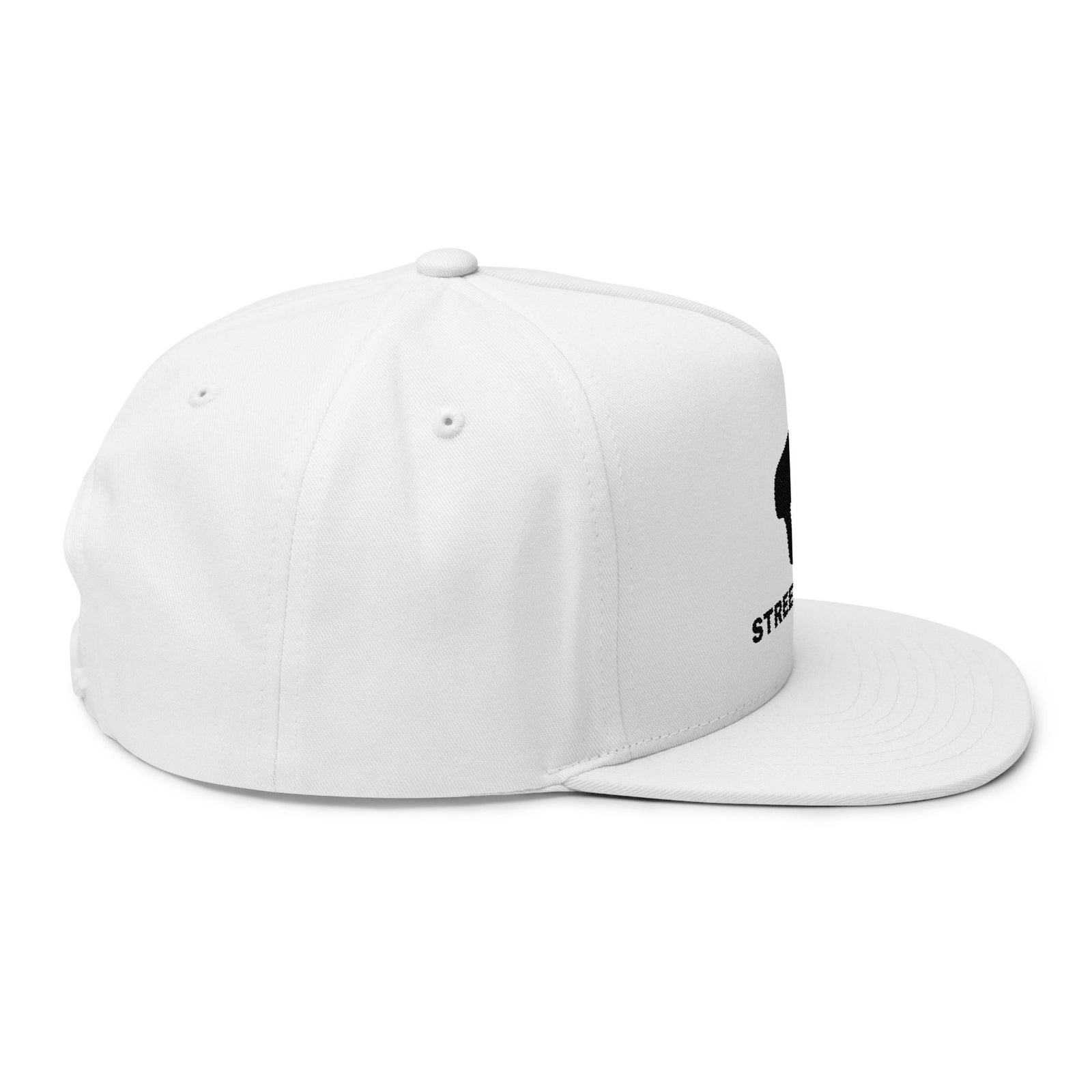 Wear Loud Flat Bill Cap — Street Story Embroidered Snapback — White