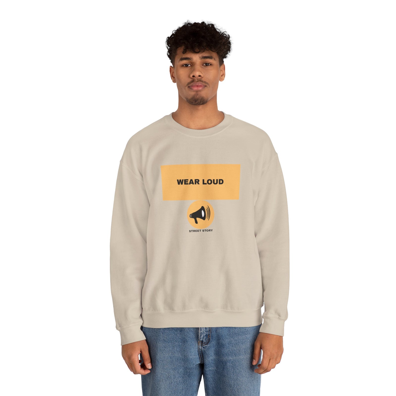 Wear Loud Crewneck Sweatshirt — Graphic Megaphone Statement Pullover — Sand