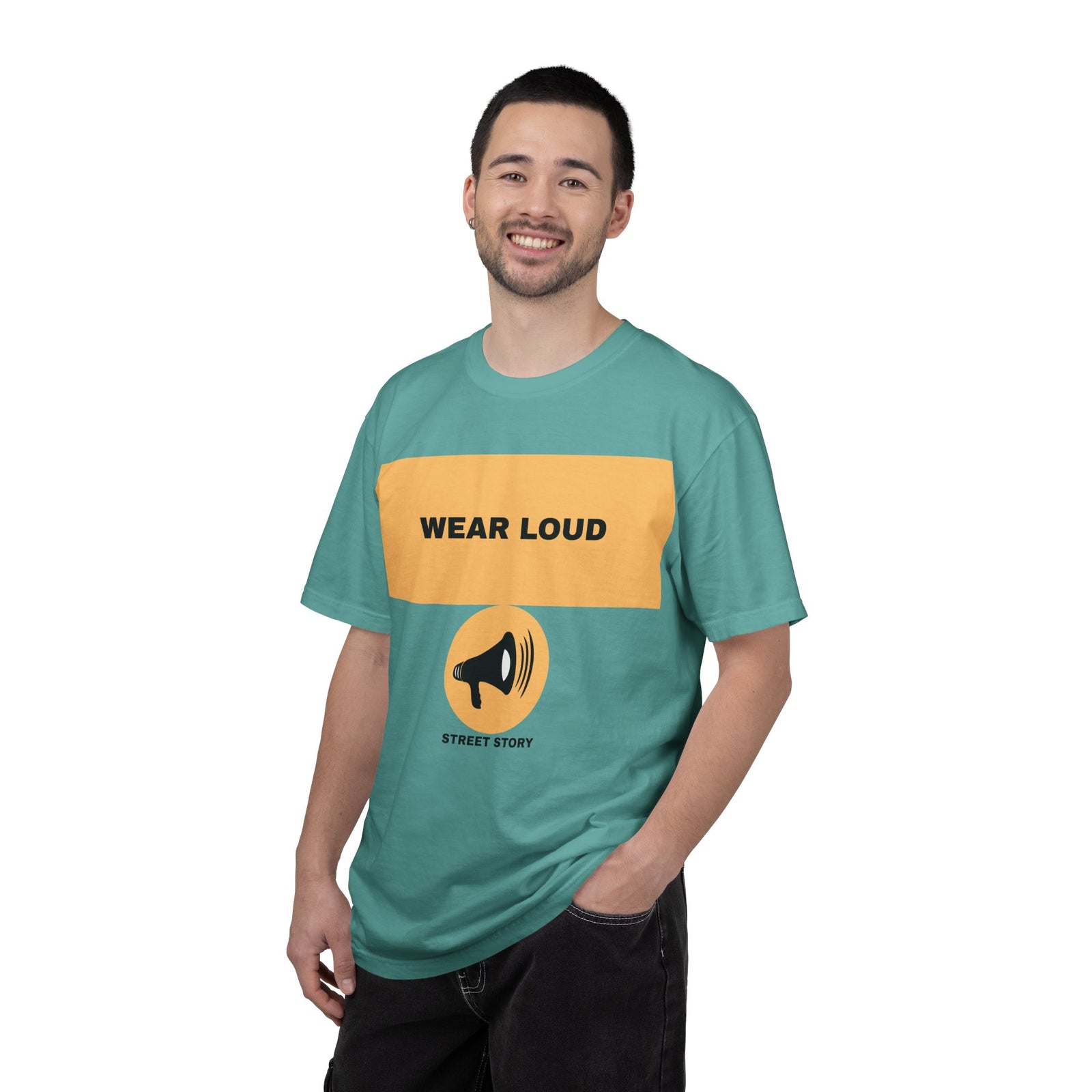 Wear Loud Graphic T-Shirt — Megaphone Street Story Tee — Seafoam