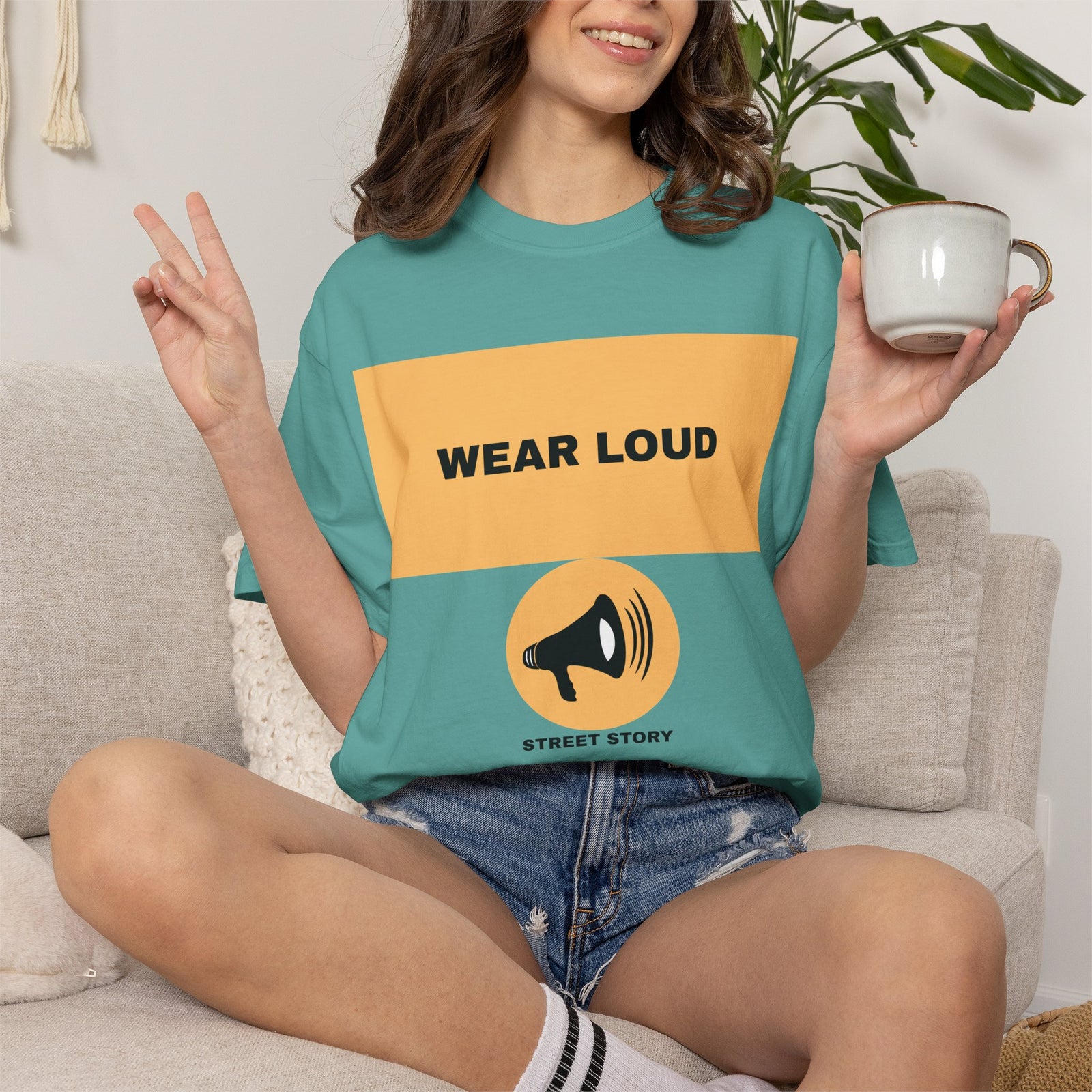 Wear Loud Graphic T-Shirt — Megaphone Street Story Tee — Seafoam