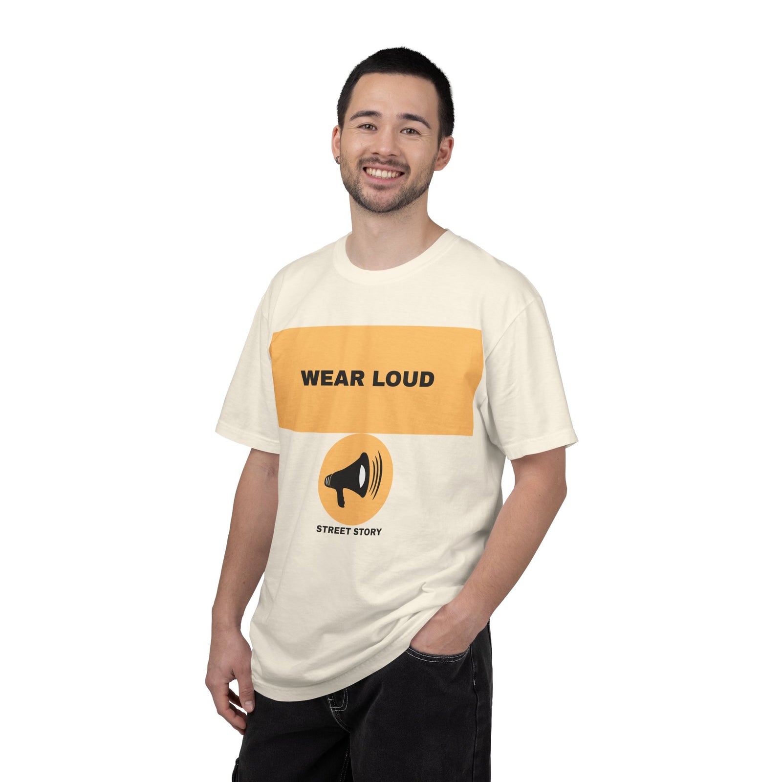 Wear Loud Graphic T-Shirt — Megaphone Street Story Tee — Ivory