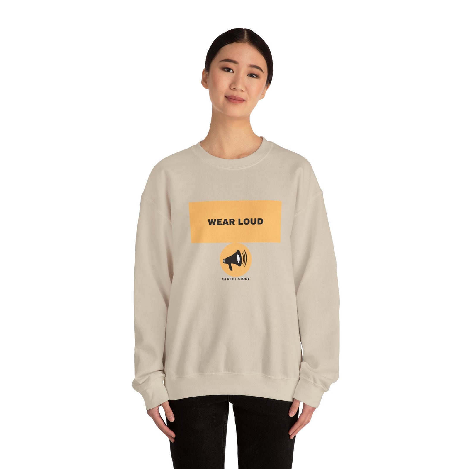 Wear Loud Crewneck Sweatshirt — Graphic Megaphone Statement Pullover — Sand