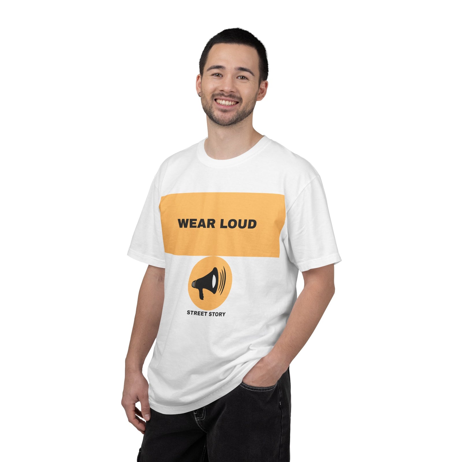 Wear Loud Graphic T-Shirt — Megaphone Street Story Tee — White