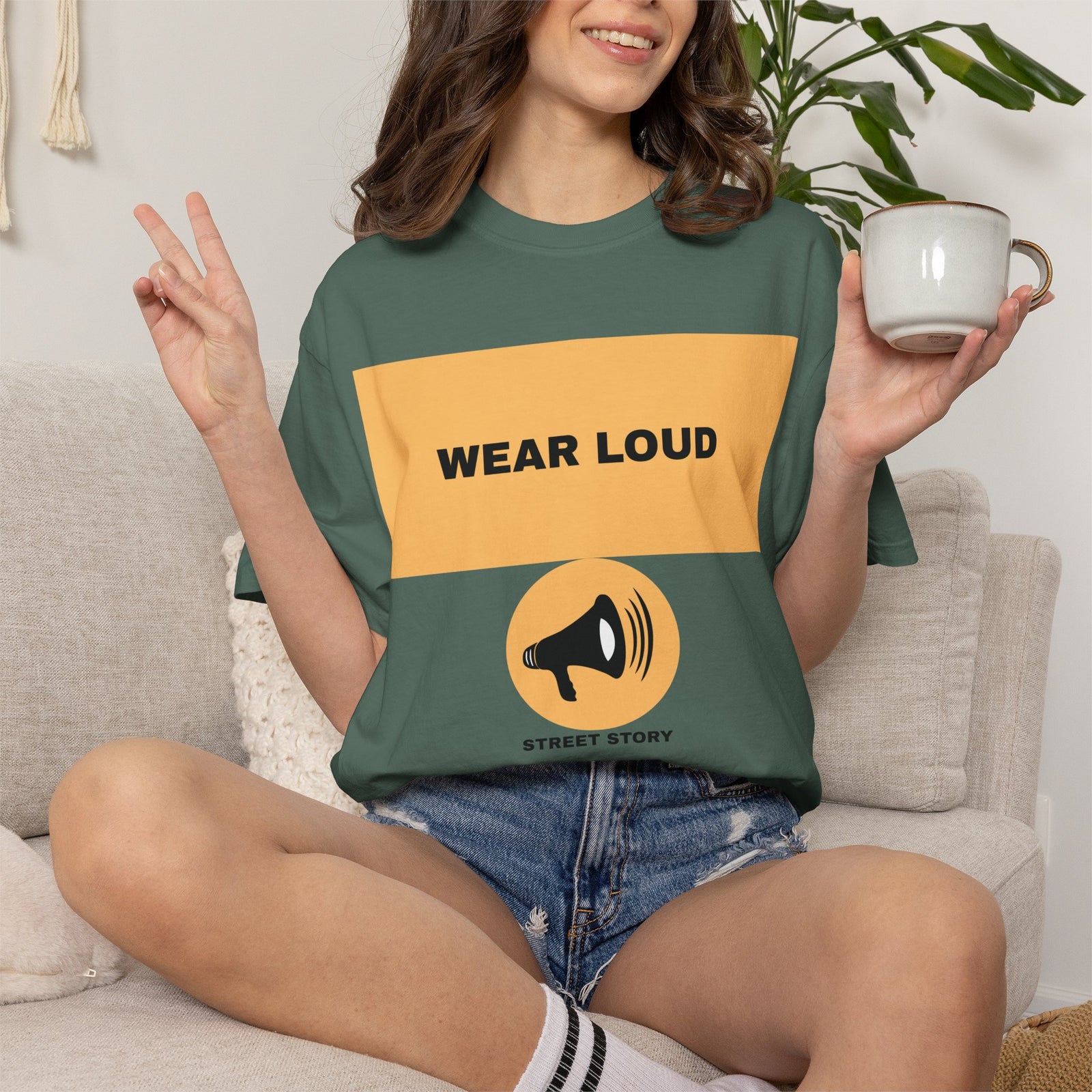 Wear Loud Graphic T-Shirt — Megaphone Street Story Tee — Blue spruce
