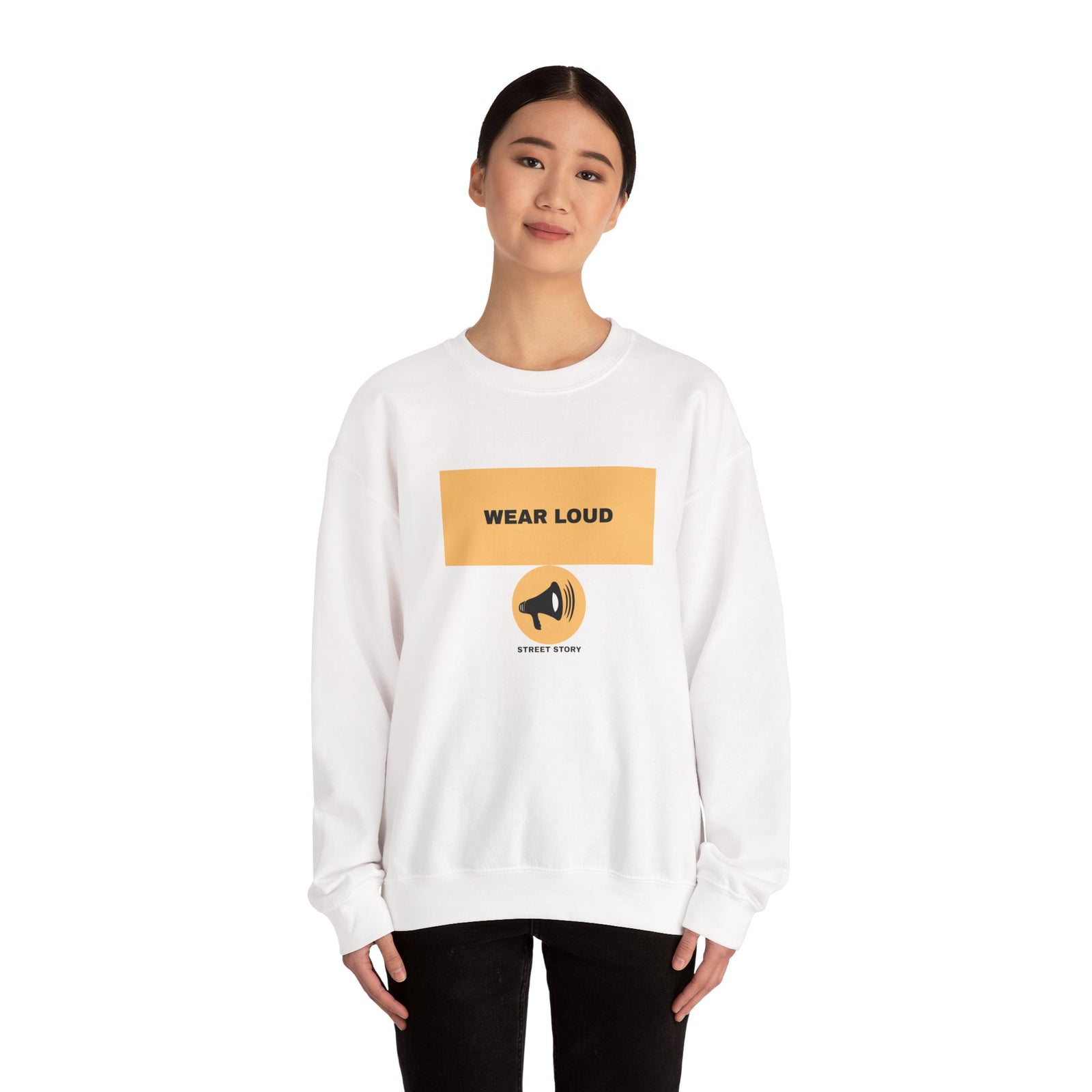 Wear Loud Crewneck Sweatshirt — Graphic Megaphone Statement Pullover — White
