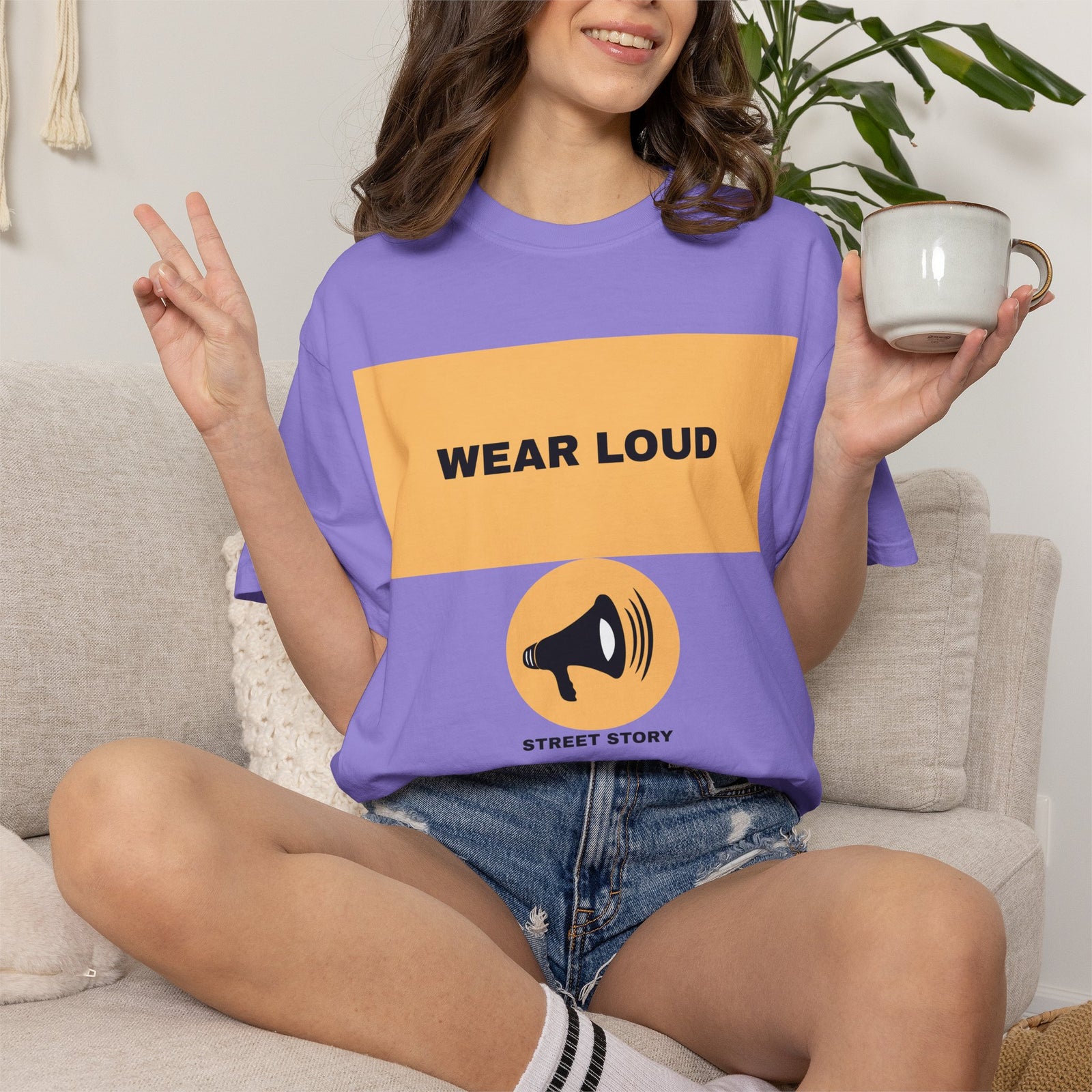 Wear Loud Graphic T-Shirt — Megaphone Street Story Tee — Violet