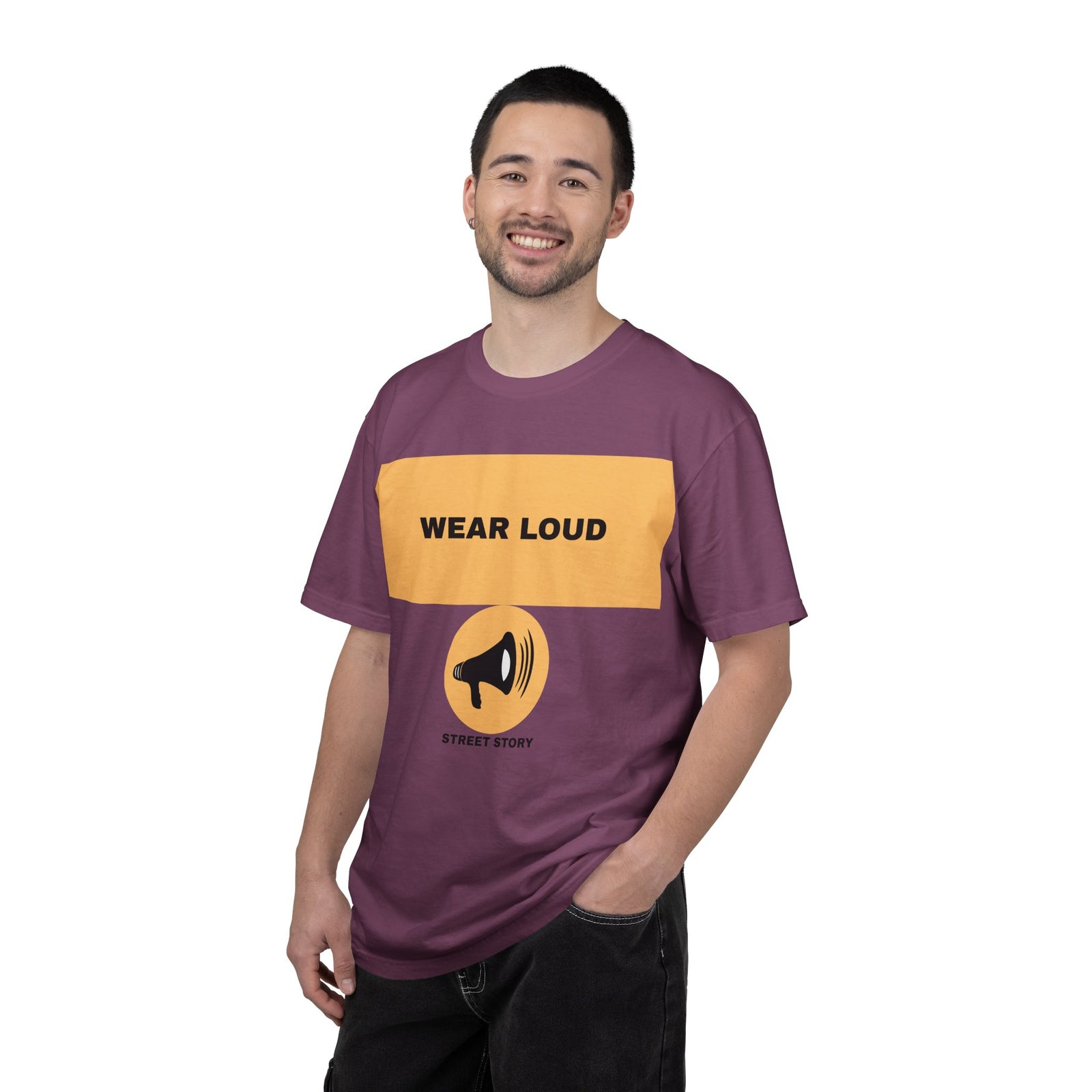 Wear Loud Graphic T-Shirt — Megaphone Street Story Tee — Berry
