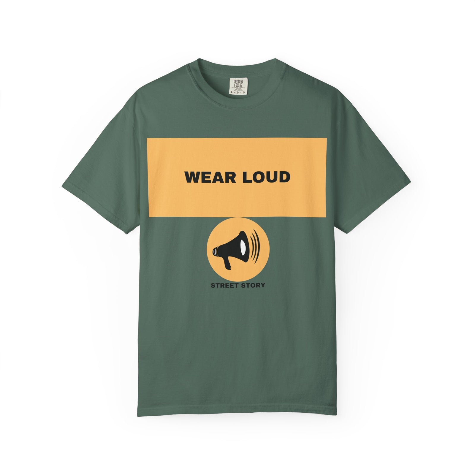 Wear Loud Graphic T-Shirt — Megaphone Street Story Tee — Blue spruce